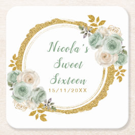 Posavasos Cuadrado De Papel Sage Green and Gold Elegant Flowers Sweet Sixteen