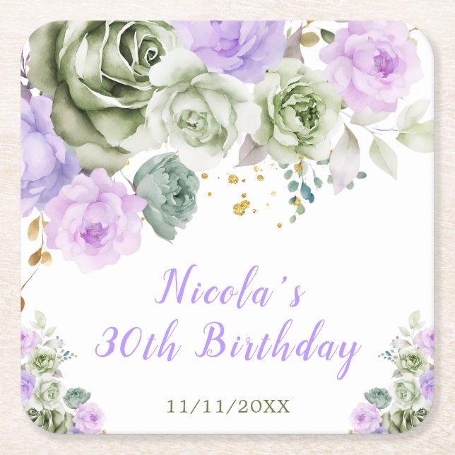Posavasos Cuadrado De Papel Sage Green and Purple Floral Birthday Party (Anverso)
