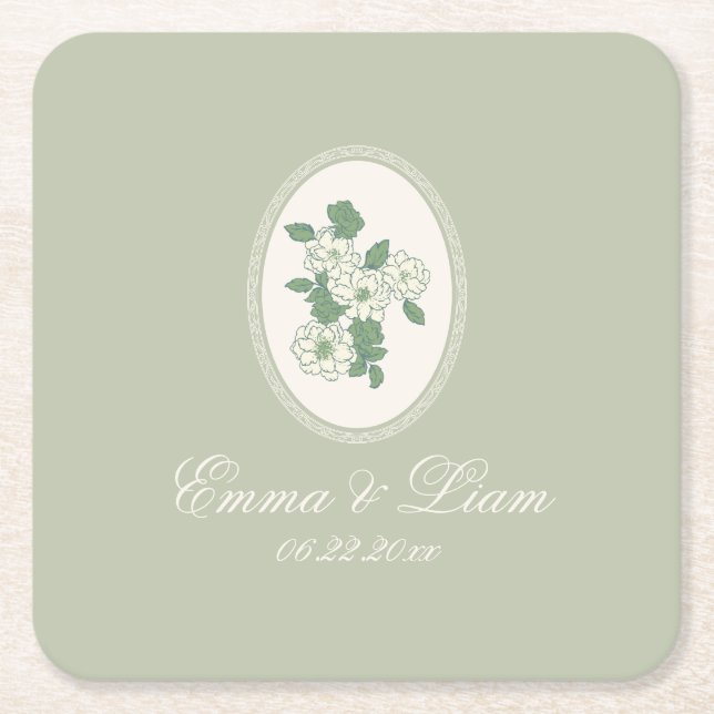 Posavasos Cuadrado De Papel Sage Green Custom Wedding Paper Coasters (Anverso)