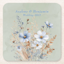 Posavasos Cuadrado De Papel Sage Green Dusty Blue Wildflower Boda