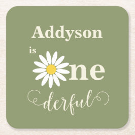 Posavasos Cuadrado De Papel Sage Green First Birday Daisy