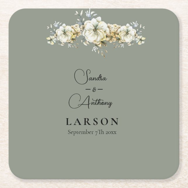 Posavasos Cuadrado De Papel Sage Green Floral Wedding Square Paper Coaster (Anverso)