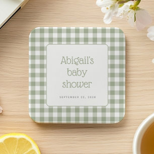 Posavasos Cuadrado De Papel Sage Green Gingham Check Rustic Baby Shower