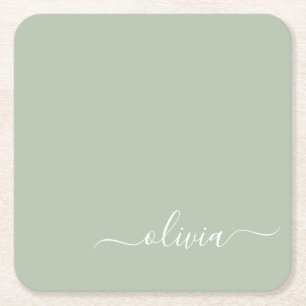 Posavasos Cuadrado De Papel Sage Green Minimalista Moderno Monograma elegante
