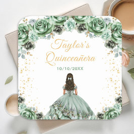 Posavasos Cuadrado De Papel Sage Green Princess Floral Quinceañera