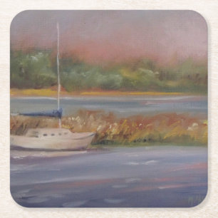 Posavasos Cuadrado De Papel Sailboat Sunset Pacific Marsh Serene