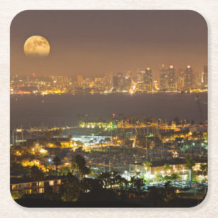 Posavasos Cuadrado De Papel Salida de la luna sobre el horizonte de San Diego