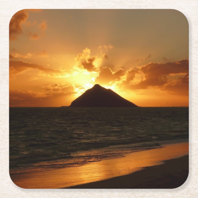Posavasos Cuadrado De Papel Salida del sol de Hawaii en el práctico de costa (Anverso)