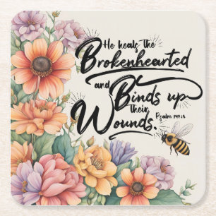 Posavasos Cuadrado De Papel Salmos 147:3 Biblia cristiana Verse Image