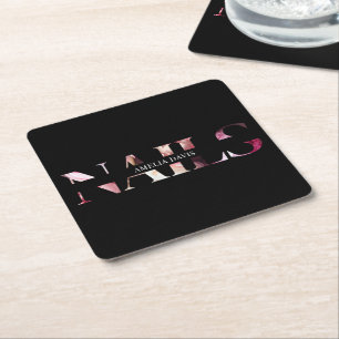 Posavasos Cuadrado De Papel Salón de belleza moderno negro y rosa