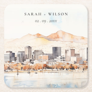 Posavasos Cuadrado De Papel Salt Lake City, Utah Paisaje Acuarela Boda