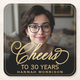 Posavasos Cuadrado De Papel Saludos a 30 años foto de cumpleaños de oro negro