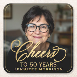 Posavasos Cuadrado De Papel Saludos a 50 años foto de cumpleaños de oro negro