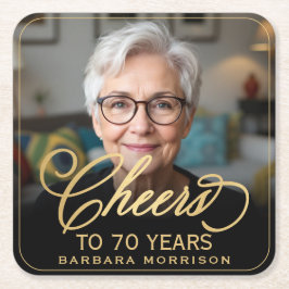 Posavasos Cuadrado De Papel Saludos a 70 años foto de cumpleaños de oro negro