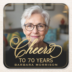 Posavasos Cuadrado De Papel Saludos a 70 años foto de cumpleaños de oro negro