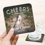 Posavasos Cuadrado De Papel Saludos a feliz por siempre después del favor de l<br><div class="desc">Añada un toque de acabado personalizado a la celebración de su boda con las únicas galas de bebida cuadradas de fotos personalizado. La imagen y todos los textos de esta plantilla son sencillos para el personalizar, incluido el texto que dice "Saludos a la felicidad de siempre después" (IMAGE PLACEMENT TIP:...</div>