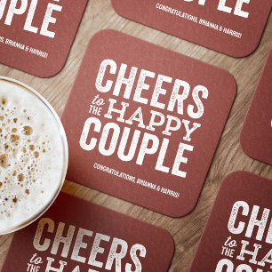 Posavasos Cuadrado De Papel Saludos a la pareja feliz boda rojo ladrillo