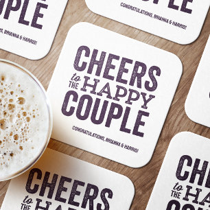 Posavasos Cuadrado De Papel Saludos al feliz boda púrpura de la pareja