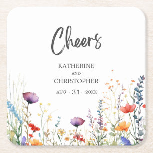 Posavasos Cuadrado De Papel Saludos Coloridos Flores Silvestres Elegante Boda