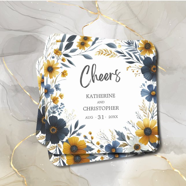Posavasos Cuadrado De Papel Saludos Flores salvajes amarillas azules Elegante  (Cheers Wildflower Wedding Coast with Blue and Yellow Wildflowers, wedding details.)