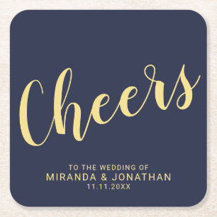 Posavasos Cuadrado De Papel 'Saludos' modernos Boda de escritura azul y oro de
