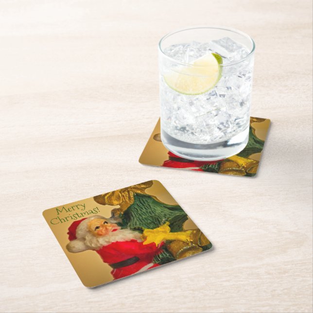 Posavasos Cuadrado De Papel Saludos navideños personalizados de Santa Claus (In situ)