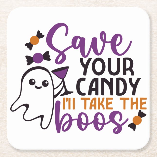Posavasos Cuadrado De Papel Salva tu canto. Tomaré el Boos Gracioso Halloween. (Anverso)