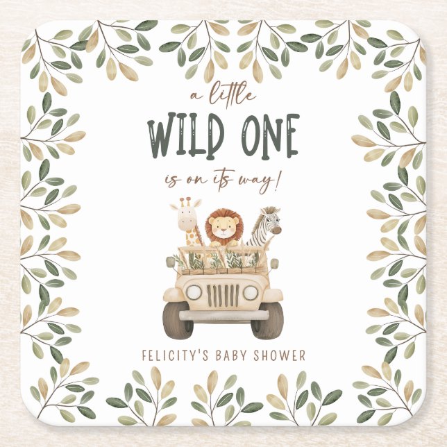 Posavasos Cuadrado De Papel Salvajes un Safari Animales Neutrales Baby Shower (Anverso)