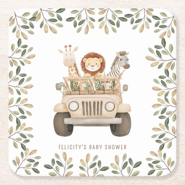 Posavasos Cuadrado De Papel Salvajes un Safari Animales Neutrales Baby Shower (Anverso)