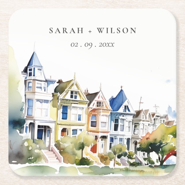 Posavasos Cuadrado De Papel San Francisco Painted Ladies Landscape Wedding (Anverso)