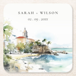 Posavasos Cuadrado De Papel San Juan Puerto Rico Watercolor Landscape Wedding