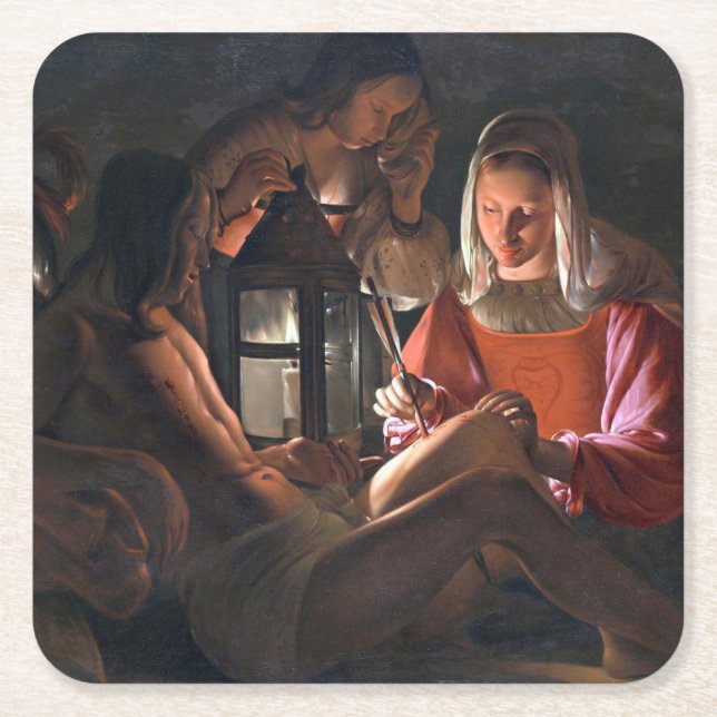 Posavasos Cuadrado De Papel San Sebastián abrazado por Irene, La Tour (Anverso)