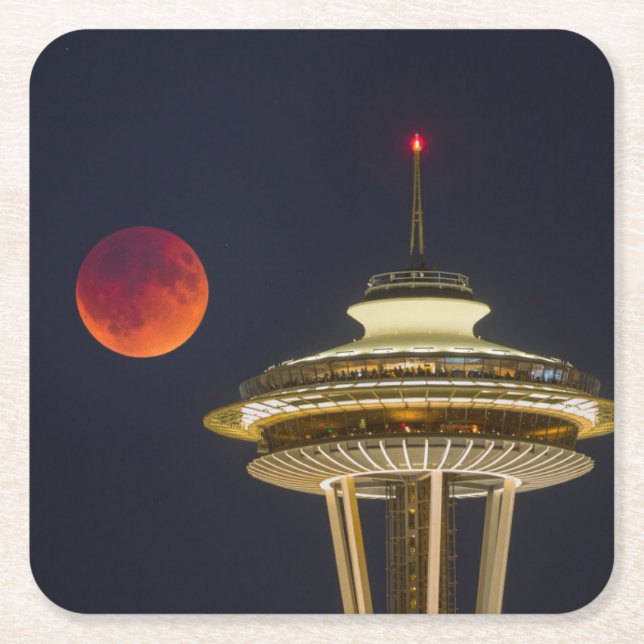 Posavasos Cuadrado De Papel Sangre Moon | Aguja del espacio de Seattle (Anverso)