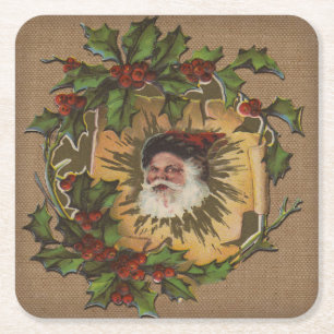 Posavasos Cuadrado De Papel Santa Antiguo Vintage Navidad Holly