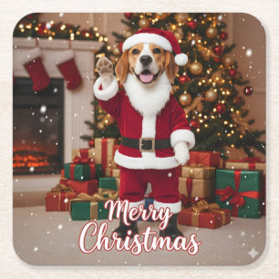 Posavasos Cuadrado De Papel Santa Beagle Feliz Navidad - Perro Beagle Navidad