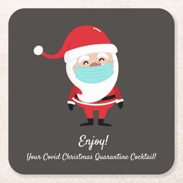 Posavasos Cuadrado De Papel Santa Claus Covid Navidades Cuarentena Cocktail (Anverso)