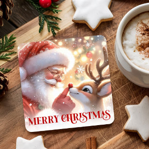 Posavasos Cuadrado De Papel Santa de dibujos animados con acuarela y Rudolph e