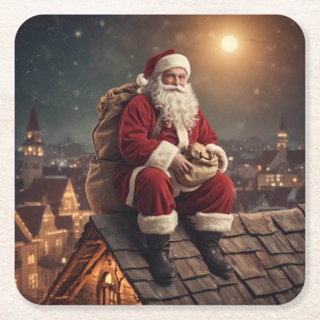 Posavasos Cuadrado De Papel Santa en la azotea (Anverso)