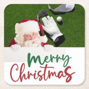 Posavasos Cuadrado De Papel Santa golfer sobre el Fiesta de los Navidades verd