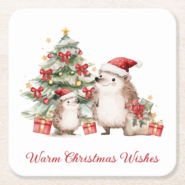 Posavasos Cuadrado De Papel Santa Hedgehog Christmas Wishes  (Anverso)