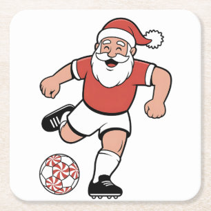 Posavasos Cuadrado De Papel Santa jugando fútbol jugador de fútbol navideño de