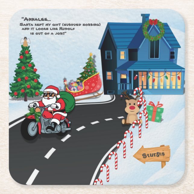 Posavasos Cuadrado De Papel Santa Mantuvo Mi Regalo Gracioso Papá Noel En Moto (Anverso)