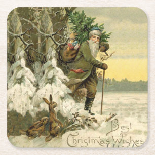 Posavasos Cuadrado De Papel Santa navideño vintage árbol navideño victoriano f