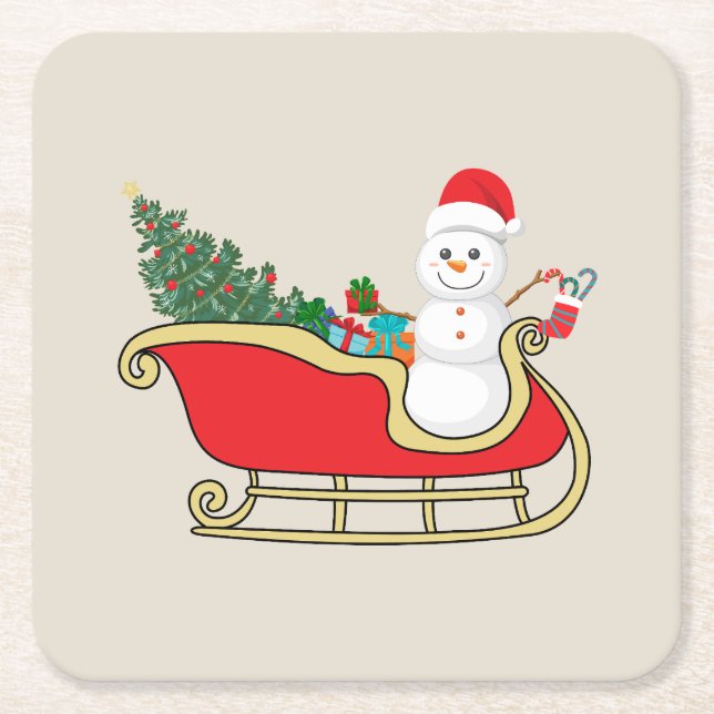 Posavasos Cuadrado De Papel Santa snowman distributing gifts (Anverso)