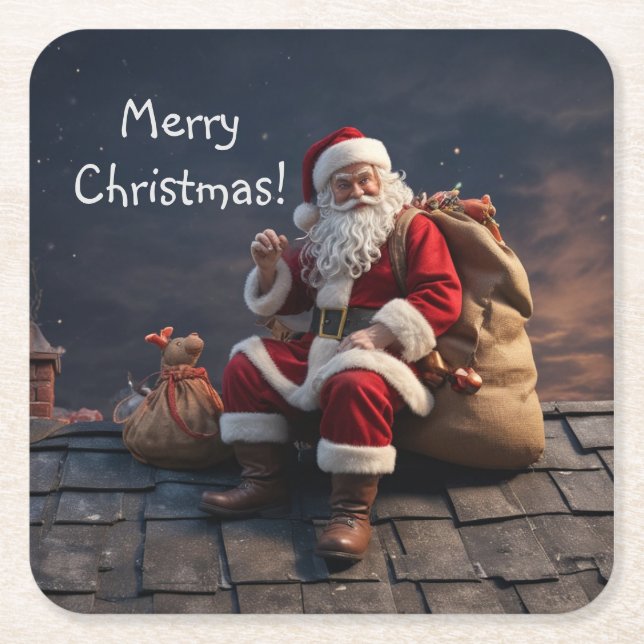 Posavasos Cuadrado De Papel Santa sobre la Noche de los Navidades (Anverso)