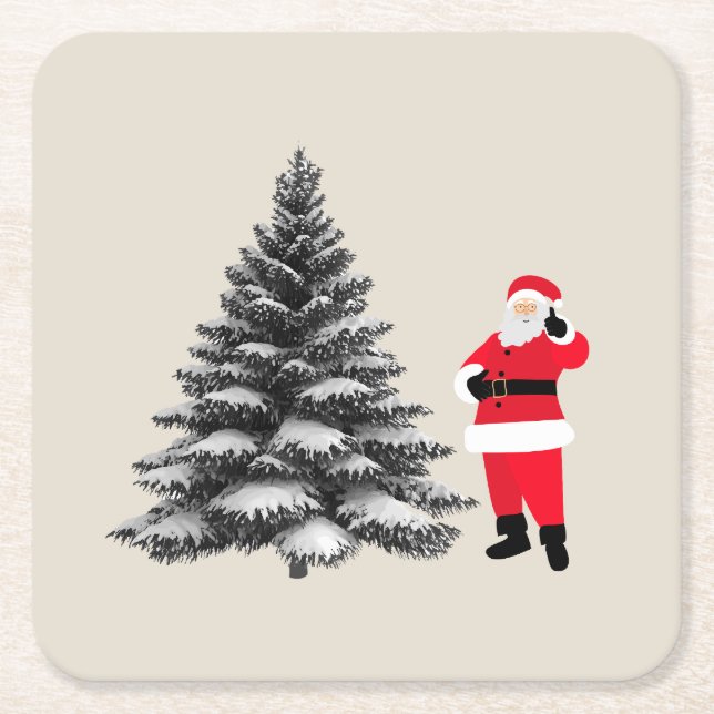 Posavasos Cuadrado De Papel Santa standing near pine tree (Anverso)