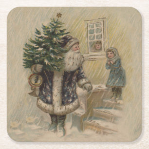Posavasos Cuadrado De Papel Santa Vintage Nieve Árbol de Navidad