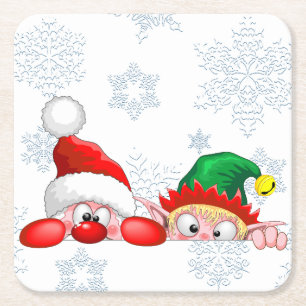 Posavasos Cuadrado De Papel Santa y elfo Personajes divertidos y adorables mir
