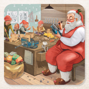 Posavasos Cuadrado De Papel Santa Y Elves Haciendo Juguetes   NAVIDADES