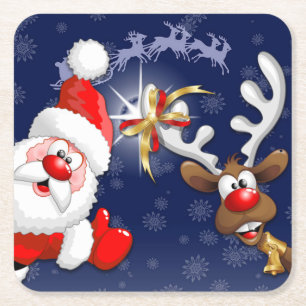 Posavasos Cuadrado De Papel Santa y los renos Feliz Personalizado